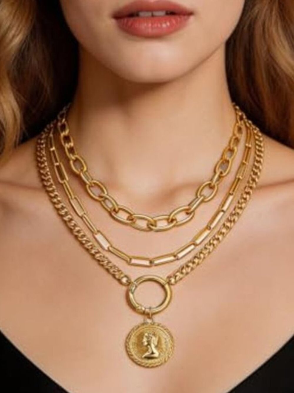 Gold Tone Layered Necklace Cuban Paperclip Chain Coin Pendant Boho Statement